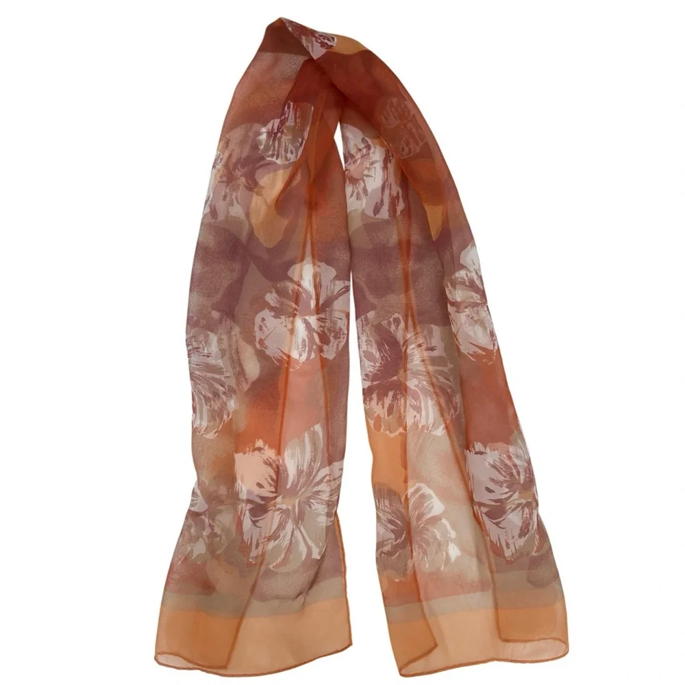 Vintage Silk Scarf Luxury Floral Botanical Print Hibiscus Flower Tan Coral Ivory